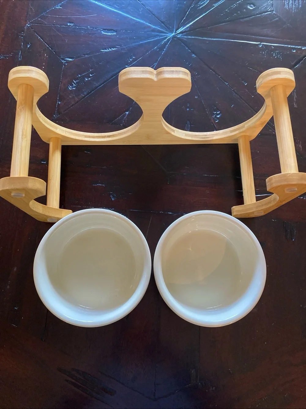Raised Double Pet Feeding Set with Natural Wood Stand and Cream Bowls
